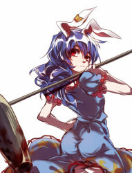 Rule 34 | 1girl, ambiguous red liquid, animal ears, ass, bad id, bad pixiv id, blue dress, blue hair, rabbit ears, cowboy shot, crescent, dress, earclip, hand on own hip, highres, kine, long hair, looking at viewer, looking back, mallet, over shoulder, puffy short sleeves, puffy sleeves, red eyes, seiran (touhou), short sleeves, solo, stain, star (symbol), touhou, weapon, weapon over shoulder, white background, yudaoshan