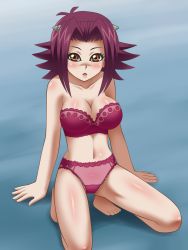 Rule 34 | 1girl, awa, bare shoulders, blush, bra, breasts, brown eyes, cameltoe, cleavage, embarrassed, feet, highres, izayoi aki, kneeling, large breasts, legs, lingerie, looking at viewer, navel, open mouth, panties, pink bra, pink panties, red hair, short hair, simple background, solo, strapless, strapless bra, thighs, toes, underwear, yu-gi-oh!, yu-gi-oh! 5d&#039;s