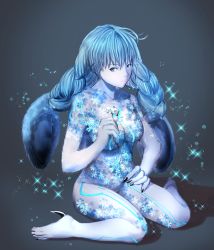 Rule 34 | 1girl, absurdres, animal ears, bad id, bad pixiv id, bad proportions, blue eyes, blue hair, blue theme, breasts, rabbit ears, rabbit tail, claws, dahlia (xenoblade), fur, highres, long hair, looking at viewer, medium breasts, nintendo, poteto (potetosarada123), simple background, sitting, solo, tail, xenoblade chronicles (series), xenoblade chronicles 2, xenoblade chronicles (series), xenoblade chronicles 2