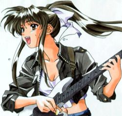 Rule 34 | 1990s (style), 1girl, brown eyes, brown hair, electric guitar, guitar, instrument, jacket, kai tomohisa, long hair, long sleeves, lowres, matsuoka chie, midriff, music, navel, open clothes, open jacket, open mouth, playing instrument, plectrum, ponytail, sentimental graffiti, sidelocks, solo