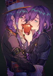Rule 34 | 2boys, apple, aqua eyes, ayase mayoi, bishounen, black background, black nails, braid, dead end land (ensemble stars!), dual persona, ensemble stars!, facial mark, facing another, food, fruit, hat, holding, holding food, holding fruit, huayne, hug, long sleeves, looking at viewer, male focus, mole, mole under eye, multicolored background, multiple boys, official alternate costume, purple background, purple hair, sharp teeth, teeth, top hat
