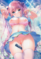Rule 34 | 1girl, :o, absurdres, arms up, between thighs, blue eyes, blue skirt, bra, bra visible through clothes, breasts, breasts out, bug, butterfly, cameltoe, censored, cherry blossoms, cleavage, clothes lift, commentary request, day, frilled panties, frills, hair between eyes, hair ribbon, highres, insect, kino (kino konomi), lace, lace-trimmed bra, lace trim, large breasts, long hair, looking at viewer, midriff peek, mosaic censoring, navel, nipples, no panties, non-web source, open mouth, original, outdoors, panties, pink bra, pink hair, pussy, racket, ribbon, shirt, short sleeves, skirt, skirt lift, sky, solo, sportswear, tennis net, tennis racket, tennis uniform, thighhighs, thighs, twintails, unbuttoned, unbuttoned shirt, underwear, white panties, white shirt, white thighhighs