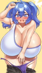 Rule 34 | 1girl, absurdres, blue eyes, blue hair, blush, bottomless, breasts, censored, cleavage, clothes pull, commission, embarrassed, gigantic breasts, highres, huge breasts, mimiru6969, mosaic censoring, naze, open mouth, original, panties, pants, pants pull, purple panties, shirt, shortstack, simple background, single-shoulder shirt, skeb commission, solo, sports bra, strap slip, tearing up, tears, twintails, underwear, unworn panties, wardrobe malfunction, yellow background