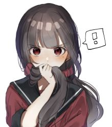 Rule 34 | !, 1girl, black sailor collar, blush, brown hair, commentary request, covering own mouth, danganronpa (series), danganronpa v3: killing harmony, harukawa maki, highres, holding, holding hair, long hair, looking at viewer, low twintails, mdr (mdrmdr1003), mole, mole under eye, red scrunchie, red shirt, sailor collar, scrunchie, shirt, short sleeves, solo, spoken exclamation mark, twintails