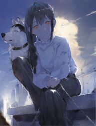Rule 34 | 1girl, absurdres, belt, black pants, blue sky, braid, building, chainsaw man, closed mouth, cloud, collar, day, dog, highres, husky, light frown, long hair, mole, mole under eye, nayuta (chainsaw man), niri (eunhaha02), orange eyes, outdoors, pants, power lines, ringed eyes, single braid, sitting, sky, solo, sun, sweater, sweater tucked in, white sweater
