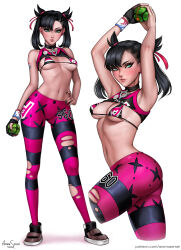 Rule 34 | 1girl, absurdres, alternate costume, aqua eyes, armpits, arms up, aroma sensei, artist name, ass, asymmetrical bangs, asymmetrical hair, bare shoulders, bikini, bikini top only, black choker, black gloves, black hair, black nails, breasts, choker, closed mouth, clothes lift, commentary, contrapposto, creatures (company), cropped legs, dusk ball, dynamax band, ear piercing, earrings, from side, full body, game freak, gloves, green eyes, hair ribbon, hand on own hip, highres, holding, holding poke ball, jewelry, leggings, lips, looking at viewer, marnie (pokemon), medium breasts, medium hair, micro bikini, multicolored hair, multiple views, navel, nintendo, pants, parted lips, patreon username, photoshop (medium), piercing, pink ribbon, poke ball, pokemon, pokemon swsh, ribbon, simple background, single earring, single glove, smile, sports bra, sports bra lift, standing, stomach, striped, swimsuit, tight clothes, tight pants, torn clothes, torn pants, twintails, two-tone hair, undercut, white background
