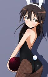 Rule 34 | 1girl, ass, ball, bare shoulders, bowling ball, brown eyes, brown hair, fishnet pantyhose, fishnets, gertrud barkhorn, leotard, long hair, looking back, pantyhose, playboy bunny, rabbit tail, simple background, solo, strike witches, tail, world witches series, yumekaranigeruna