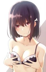 Rule 34 | 1girl, black bra, blush, bone hair ornament, bra, breasts, brown background, cleavage, closed mouth, collarbone, copyright request, fingernails, hair between eyes, hair ornament, hands up, head tilt, lace, lace-trimmed bra, lace trim, long hair, looking at viewer, medium breasts, nagami yuu, red eyes, solo, strap slip, two-tone background, underwear, underwear only, upper body, white background