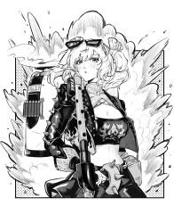 1girl :o absurdres breasts burnice_white cleavage cleavage_cutout clothing_cutout explosion eyewear_on_head flamethrower greyscale highres holding holding_flamethrower holding_weapon jacket leather leather_jacket long_sleeves looking_at_viewer medium_hair midriff miniskirt monochrome nasipattaya skirt sleeveless_turtleneck_shirt solo spiked_belt spiked_jacket twintails upper_body weapon white_background zenless_zone_zero