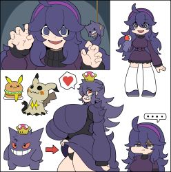 Rule 34 | 1girl, @ @, absurdres, breasts, burger, creatures (company), food, game freak, gen 1 pokemon, gen 7 pokemon, gengar, gothic taco, grin, hairband, hex maniac (pokemon), highres, huge breasts, humanization, long hair, messy hair, mimikyu, nintendo, personification, plump, pokemon, pokemon (creature), pokemon xy, pout, purple eyes, purple hair, purple hairband, shoulder spikes, smile, spikes, super crown