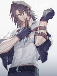 Rule 34 | 1boy, arm belt, asymmetrical bangs, belt, belt buckle, black belt, black gloves, black jacket, black pants, blue eyes, brown hair, buckle, chain necklace, character name, cowboy shot, cropped jacket, final fantasy, final fantasy viii, fur collar, gloves, grey background, jacket, jacket partially removed, jewelry, jou (mono), kingdom hearts, male focus, medium hair, midriff peek, muscular, muscular male, necklace, pants, parted bangs, scar, scar on face, shirt, short sleeves, solo, squall leonhart, sweat, t-shirt, white shirt