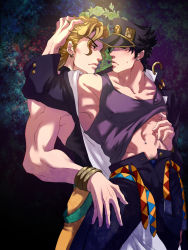 Rule 34 | 2boys, abs, black hair, blonde hair, blue eyes, bracelet, chain, covered erect nipples, cradling head, dio brando, gakuran, hand on another&#039;s leg, hand under clothes, hand under shirt, hat, highres, jewelry, jojo no kimyou na bouken, kuujou joutarou, large pectorals, less end, long coat, male focus, male pubic hair, midriff, multiple boys, muscular, muscular male, navel piercing, off shoulder, pectorals, piercing, pubic hair, red eyes, school uniform, shirt, stardust crusaders, underwear, yaoi
