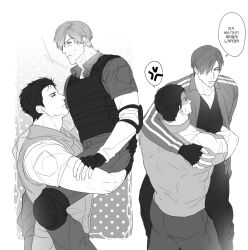Rule 34 | 2boys, anger vein, bara, blush, bulletproof vest, carrying, carrying person, chris redfield, closed mouth, fingerless gloves, gloves, greyscale, highres, jacket, knee pads, leon s. kennedy, looking at another, male focus, monochrome, multiple boys, muscular, muscular male, open clothes, open jacket, pants, resident evil, resident evil: vendetta, resident evil 1, resident evil 2, short hair, ugoxqwfqpzfmbu2, yaoi