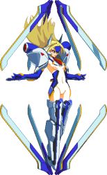 Rule 34 | 1girl, armor, belly, blazblue, blonde hair, blue eyes, forehead protector, gloves, long hair, lowres, mechanical wings, mu-12, navel, nipples, no panties, pannonique, pixel art, pussy, revealing clothes, small breasts, solo, uncensored
