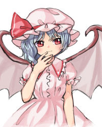 Rule 34 | 1girl, blue hair, blush, closed mouth, commentary request, dress, fingernails, hand up, hat, highres, mob cap, pink dress, pink hat, puffy short sleeves, puffy sleeves, red eyes, remilia scarlet, sasa kichi, short hair, short sleeves, simple background, smile, solo, touhou, upper body, white background, wings