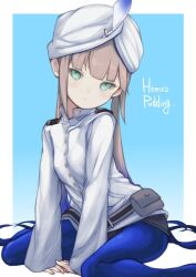 Rule 34 | 1boy, belt, blue hair, blue pants, blush, captain nemo (fate), fate/grand order, fate (series), gradient hair, green eyes, hat feather, highres, jacket, light brown hair, long hair, long sleeves, looking at viewer, multicolored hair, nemo (fate), pants, pouch, puddinghomhom, sitting, solo, thighs, tight clothes, tight pants, turban, two-tone hair, wariza, white headwear, white jacket
