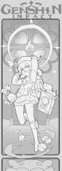 Rule 34 | 1girl, absurdres, ahoge, arm up, backpack, bag, book, bridge, chack520, clover, clover print, copyright name, dodoco (genshin impact), fire, fire, floating, floating book, floating object, genshin impact, greyscale, hair between eyes, hat, highres, klee (genshin impact), leg up, medium hair, monochrome, outdoors, pointy ears, short hair, short twintails, solo, sparkle, teeth, twintails, upper teeth only