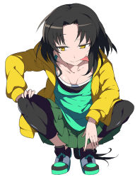 Rule 34 | 1girl, black hair, boots, breasts, character request, cleavage, collarbone, female focus, green shirt, green skirt, long sleeves, ring dream, shirt, simple background, skirt, smile, solo, tongue, tongue out, tori0714, white background, yellow eyes