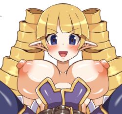 Rule 34 | 1girl, alternate breast size, archer (disgaea), blonde hair, blue eyes, breasts, breasts out, disgaea, dismania (xenoman), happy, huge breasts, huge nipples, large areolae, large breasts, looking at viewer, nipples, pointy ears, puffy nipples, solo, topless, twintails