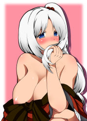 Rule 34 | 1girl, areola slip, bad id, bad pixiv id, bare shoulders, blue eyes, blush, breasts, cleavage, female focus, fuantei, hair bobbles, hair ornament, large breasts, long hair, mystic square, nipples, no bra, off shoulder, ponytail, shinki (touhou), solo, touhou, touhou (pc-98), white hair