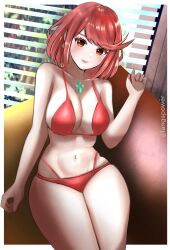 Rule 34 | 1girl, absurdres, artist name, bikini, blush, border, breasts, cleavage, commentary, couch, earrings, english commentary, highres, jewelry, langspower, large breasts, navel, on couch, pyra (xenoblade), red bikini, red eyes, red hair, short hair, smile, solo, swept bangs, swimsuit, white border, xenoblade chronicles (series), xenoblade chronicles 2