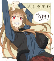 Rule 34 | 1girl, absurdres, animal ear fluff, animal ears, blunt bangs, blush, countdown, grin, highres, holo, light brown hair, long hair, official art, red eyes, release celebration, smile, solo, spice and wolf, tail, very long hair, wolf ears, wolf girl, wolf tail