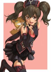 Rule 34 | 1girl, :d, anise tatlin, black footwear, black headwear, black shorts, black skirt, black sleeves, black vest, boots, border, brown eyes, brown hair, detached sleeves, garter straps, hair between eyes, highres, index finger raised, long hair, long sleeves, looking at viewer, miniskirt, open mouth, pink background, rourou ill, short shorts, shorts, shorts under skirt, skirt, smile, solo, standing, standing on one leg, stuffed toy, tales of (series), tales of the abyss, thigh boots, tokunaga (tales), twintails, vest, white border