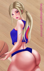Rule 34 | 1girl, absurdres, ass, basketball, basketball uniform, blonde hair, blue eyes, highres, huge ass, humanization, lola bunny, magentapeel, parted lips, ponytail, short shorts, shorts, solo, space jam, sportswear
