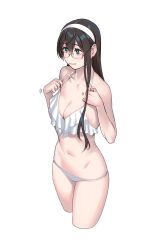 Rule 34 | 1girl, adjusting clothes, adjusting swimsuit, bikini, black hair, blue eyes, breasts, cleavage, closed mouth, collarbone, cowboy shot, frilled bikini, frills, glasses, hairband, highres, kantai collection, long hair, medium breasts, navel, ooyodo (kancolle), semi-rimless eyewear, simple background, solo, stomach, swimsuit, under-rim eyewear, white background, white bikini, white hairband, yuuji (and)