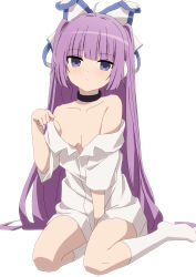 Rule 34 | 1girl, azur lane, bad id, bad pixiv id, between legs, black collar, blunt bangs, breasts, closed mouth, collar, collarbone, collared shirt, commentary request, dress shirt, hand between legs, hand up, long hair, looking at viewer, no shoes, off shoulder, oueo, purple eyes, purple hair, shirt, short sleeves, simple background, sitting, small breasts, solo, tashkent (azur lane), very long hair, white background, white legwear, white shirt, yokozuwari