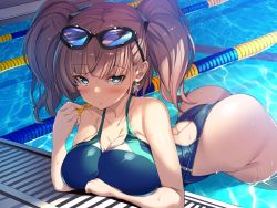 1girl, alternate costume, ass, atlanta (kancolle), bangs, bare arms, bare shoulders, blue swimsuit, blush, breast rest, breasts, brown hair, collarbone, commentary request, competition swimsuit, earrings, eyebrows visible through hair, eyewear on head, grey eyes, highleg, highleg swimsuit, highres, jewelry, kantai collection, large breasts, long hair, looking at viewer, lying, one-piece swimsuit, partially submerged, pool, poolside, solo, swimsuit, thong, torisan, two side up, water, wet