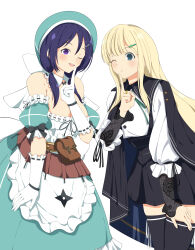 Rule 34 | 2girls, absurdres, apron, aqua dress, aqua eyes, aqua headwear, assault lily, bare shoulders, belt, belt buckle, belt pouch, beret, black bow, black cape, black ribbon, black skirt, black thighhighs, blonde hair, blue cape, blush, bow, breasts, brown belt, buckle, buttons, cape, cleavage, commentary request, cosplay, costume switch, cowboy shot, crossover, detached collar, detached sleeves, dress, finger to own chin, frilled apron, frilled dress, frilled gloves, frilled sleeves, frills, gloves, green ribbon, hair between eyes, hair ornament, hairclip, hand on own thigh, hat, hat bow, highres, jewelry, kayano ai, large breasts, layered sleeves, leg ribbon, long hair, long sleeves, looking at viewer, low twintails, miniskirt, multiple girls, neck ribbon, one eye closed, parted lips, pleated skirt, pouch, puffy detached sleeves, puffy short sleeves, puffy sleeves, purple eyes, purple hair, ribbon, ribbon-trimmed gloves, ribbon-trimmed sleeves, ribbon trim, ring, school uniform, senran kagura, senri (senri03151221), shirt, short sleeves, sidelocks, simple background, skirt, sleeve bow, sleeve ribbon, standing, teeth, thigh ribbon, thighhighs, twintails, two-sided cape, two-sided fabric, underbust, upper teeth only, voice actor connection, watanabe akane, watanabe akane (cosplay), white apron, white background, white bow, white gloves, white ribbon, white shirt, yomi (senran kagura), yurigaoka girls academy school uniform, zettai ryouiki