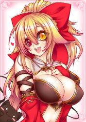 Rule 34 | 1girl, :d, arm strap, bare shoulders, black cat, blonde hair, blush, blush stickers, bow, breasts, bridal gauntlets, cat, cleavage, collarbone, detached collar, detached sleeves, fang, framed, hair bow, heart, heterochromia, lace trim, large breasts, long hair, looking at viewer, medium breasts, navel, open mouth, original, pink eyes, ponytail, red bow, red eyes, smile, solo, suzuneko (yume no kyoukai), teeth, upper body