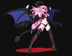 Rule 34 | 1girl, absurdres, bochi (yamakan), demon girl, demon tail, demon wings, highres, horns, long hair, original, pink hair, pointy ears, simple background, smile, solo, sunglasses, tail, tetsuwan, thighhighs, wings