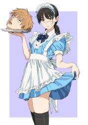 Rule 34 | 1boy, 1girl, apron, black hair, border, brown hair, chainsaw man, closed mouth, commentary, cowboy shot, denji (chainsaw man), english commentary, hair between eyes, highres, holding, holding plate, light brown hair, looking at viewer, maid apron, maid headdress, open mouth, plate, purple background, scar, scar on face, shiren (ourboy83), short hair, simple background, smile, standing, teeth, upper teeth only, white border, yellow eyes, yoru (chainsaw man)