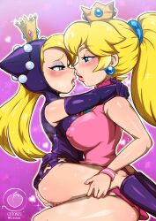 Rule 34 | 2girls, absurdres, arms around neck, artist name, ass, bare shoulders, blonde hair, blue eyes, blush, boots, breasts, cotonus, covered erect nipples, crown, dress, earrings, elbow gloves, eyeshadow, from side, gloves, gradient background, half-closed eyes, heart, highres, hood, hood up, jewelry, knee boots, large breasts, lips, long hair, looking at another, makeup, mario (series), mario tennis, medium breasts, multiple girls, nintendo, open mouth, outline, pink background, pink dress, pink lips, ponytail, princess peach, purple dress, purple footwear, purple gloves, pussy juice, short dress, sitting, sitting on person, sleeveless, sweat, warupeach, white outline, wristband, yuri