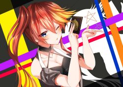 Rule 34 | 1girl, ayasato karen, blue eyes, business card, card, cleavage cutout, clothing cutout, detached sleeves, double-parted bangs, eiyuu densetsu, hair between eyes, highres, holding, holding card, judith ranster, kuro no kiseki, looking at viewer, multicolored hair, one eye closed, red hair, side ponytail, smile, solo, star (symbol), two-tone hair