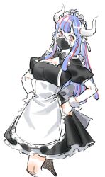 Rule 34 | 1girl, ahoge, alternate costume, apron, black bow, black bowtie, black dress, blue hair, bow, bowtie, breasts, cleavage, covered mouth, curled horns, dinosaur girl, dress, enmaided, hands on own hips, horns, large breasts, long hair, maid, maid apron, maid headdress, mask, medium breasts, mouth mask, multicolored hair, one piece, pink eyes, pink hair, pink mask, raine (acke2445), sketch, solo, streaked hair, ulti (one piece), waist apron, white apron, wrist cuffs