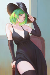 Rule 34 | 1girl, arm support, black dress, black gloves, black hat, black sleeves, black thighhighs, blue eyes, breasts, bridal gauntlets, chair, closed mouth, commentary, detached sleeves, dress, english commentary, facial mark, gloves, green hair, hat, heart, heart facial mark, highres, indoors, looking at viewer, navel, no pupils, parted bangs, real life, shchrit, short hair, single detached sleeve, single glove, small breasts, solo, stomach, testicles, thighhighs, window, witch hat, your witch alba
