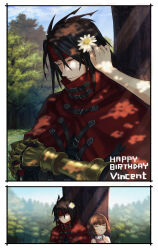 1782seta 1boy 1girl bare_shoulders black_hair bob_cut brown_hair character_name clawed_gauntlets cloak closed_eyes collared_dress dirge_of_cerberus_final_fantasy_vii dress final_fantasy final_fantasy_vii flower hair_flower hair_ornament happy_birthday headband highres long_hair outdoors pink_dress red_cloak red_headband shelke_the_transparent sleeping tree under_tree vincent_valentine