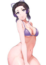 Rule 34 | 1girl, arm behind back, bad id, bad pixiv id, bare shoulders, bikini, bikini top only, black hair, bottomless, breasts, cleavage, closed mouth, collarbone, cowboy shot, hair ornament, highres, kimetsu no yaiba, kochou shinobu, lips, looking at viewer, medium breasts, multicolored hair, navel, purple bikini, purple eyes, purple hair, short hair, sidelocks, sikijou77o, simple background, smile, solo, swimsuit, thick thighs, thighs, two-tone hair, underboob, white background
