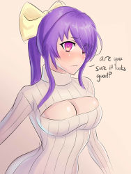Rule 34 | 1girl, absurdres, blazblue, blazblue remix heart, blue hair, blush, bow, breasts, cleavage, cleavage cutout, clothing cutout, frown, gender request, genderswap, hair bow, highres, large breasts, long hair, looking at viewer, mai natsume, meme attire, open-chest sweater, ponytail, red eyes, ribbed sweater, ribbon, simple background, solo, sweater, turtleneck