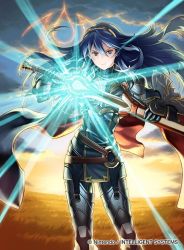 Rule 34 | 1girl, blue eyes, blue hair, cape, closed mouth, commentary request, company connection, copyright name, falchion (fire emblem), fire emblem, fire emblem awakening, fire emblem cipher, hair ornament, holding, holding sword, holding weapon, jewelry, kita senri, long hair, looking at viewer, lucina (fire emblem), nintendo, outdoors, serious, sheath, shield, solo, standing, sunrise, sword, thighhighs, tiara, weapon