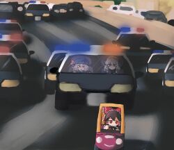 Rule 34 | 3girls, absurdres, alarm siren, blue headwear, bow, car, chibi, commentary, cozy coupe, driving, english commentary, fumo (doll), grey hair, hair bow, hair tubes, hakurei reimu, hat, highres, highway, iesonatana, izayoi sakuya, jitome, little tikes, looking at another, maid headdress, mob cap, motion blur, motor vehicle, multiple girls, outdoors, police car, purple hair, red bow, red eyes, remilia scarlet, touhou, v-shaped eyebrows, vehicle chase