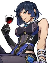 Rule 34 | 1girl, absurdres, alcohol, aqua eyes, asymmetrical gloves, atoroux, blue hair, bob cut, breasts, cup, diagonal bangs, drinking glass, earrings, elbow gloves, genshin impact, gloves, highres, jewelry, light smile, medium breasts, mismatched gloves, red wine, single elbow glove, solo, tassel, waist cutout, white background, wine, wine glass, yelan (genshin impact)