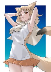 Rule 34 | 1girl, :o, absurdres, animal ears, armpits, arms behind head, arms up, bare arms, blonde hair, blue background, brown eyes, commentary, cowboy shot, fox ears, fox girl, fox tail, gradient background, highres, jacket, jacket on shoulders, kemono friends, looking at viewer, medium hair, miniskirt, open mouth, orange skirt, pale fox (kemono friends), pleated skirt, shirt, simple background, skirt, sleeveless, sleeveless shirt, solo, tail, tanabe (fueisei), thigh gap, wristband