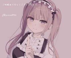 Rule 34 | 1girl, bad id, bad pixiv id, black bow, black dress, black hairband, blush, bow, breasts, brown background, brown eyes, brown hair, closed mouth, dress, earrings, frilled hairband, frills, hair bow, hairband, heart, heart earrings, index finger raised, jewelry, long hair, long sleeves, medium breasts, original, shirt, simple background, sleeveless, sleeveless dress, sleeves past wrists, smile, solo, translated, tsuruse, twintails, twitter username, upper body, white shirt