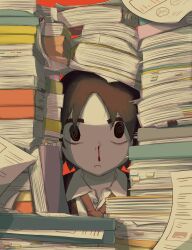 Rule 34 | 1boy, @ @, absurdres, avogado6, bags under eyes, black eyes, black hair, blood, book, book stack, collared shirt, commentary, exhausted, highres, looking at viewer, loose necktie, male focus, necktie, nosebleed, open mouth, original, paper stack, red background, salaryman, shirt, short hair, simple background, solo, straight-on, upper body, white shirt, wide-eyed, working
