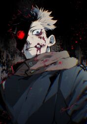 Rule 34 | 1boy, aoi (aoi68), black background, black eyes, black jacket, blood, blood from mouth, blood on face, closed mouth, hood, hood down, hoodie, itadori yuuji, jacket, jujutsu kaisen, jujutsu tech uniform, looking at viewer, male focus, partially shaded face, red eyes, red hoodie, school uniform, solo, teeth