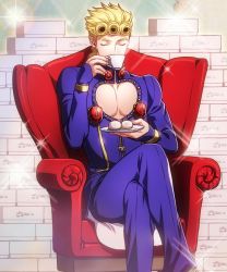 Rule 34 | 1boy, blonde hair, braid, bug, cleavage cutout, clothing cutout, couch, cup, drinking, closed eyes, giorno giovanna, insect, jojo no kimyou na bouken, kuren, ladybug, crossed legs, male focus, pectoral cleavage, pectorals, sitting, solo, sparkle, teacup, vento aureo